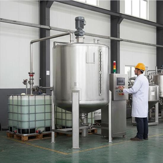 Stainless steel steam-jacketed mixing tank used in agrochemical compounding