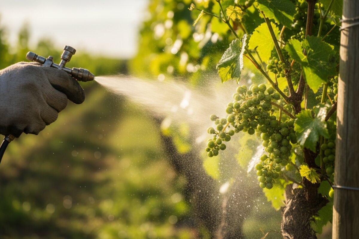 Grapevine treated with crop protection in a vineyard