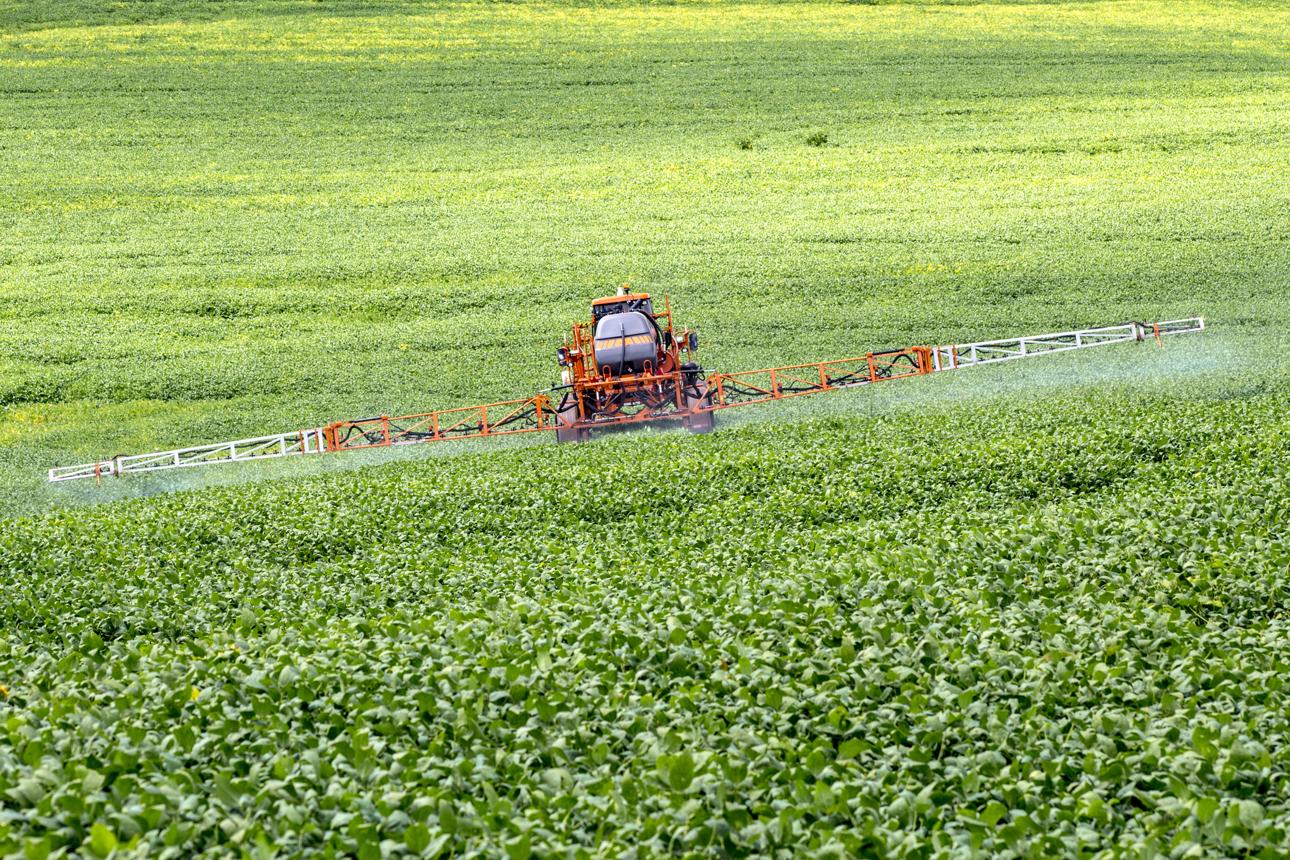 Defensive spraying machine applying crop protection in a soybean plantation